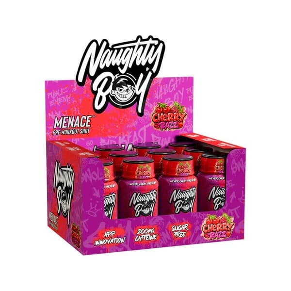 Naughty Boy Menace Pre-Workout Shot, Cherry Razz - 12 x 60 ml.